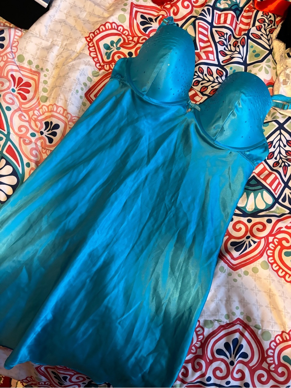 Victoria's Secret Teal Satin Chemise with Embellished Cups